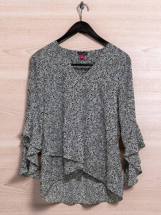 Vince Camuto Tops - VINCE CAMUTO Bell Sleeves High Low Hem Black and White Blouse Size S